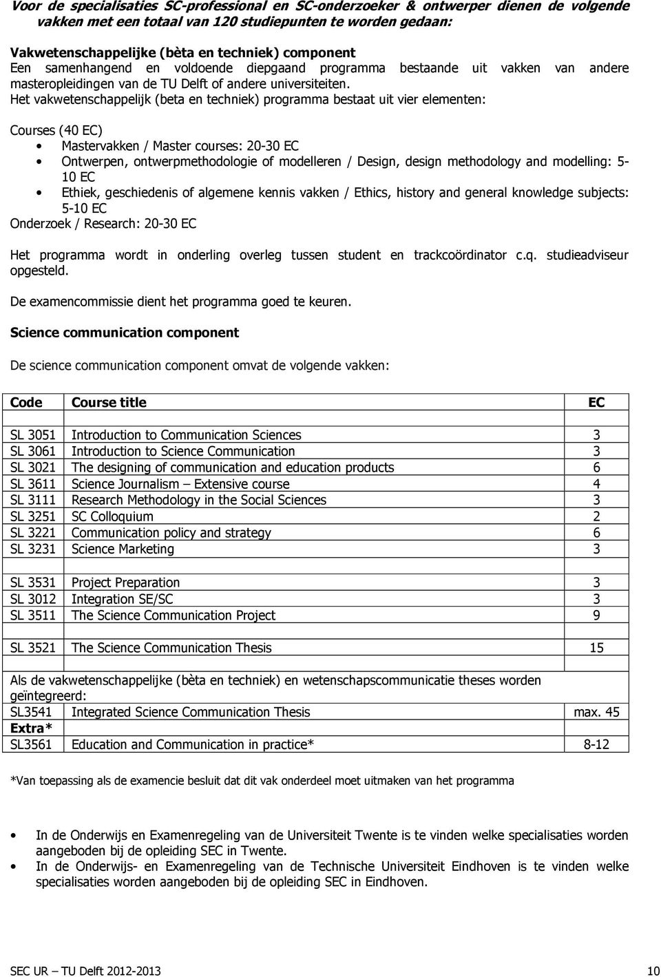 Het vakwetenschappelijk (beta en techniek) programma bestaat uit vier elementen: Courses (40 EC) Mastervakken / Master courses: 20-30 EC Ontwerpen, ontwerpmethodologie of modelleren / Design, design