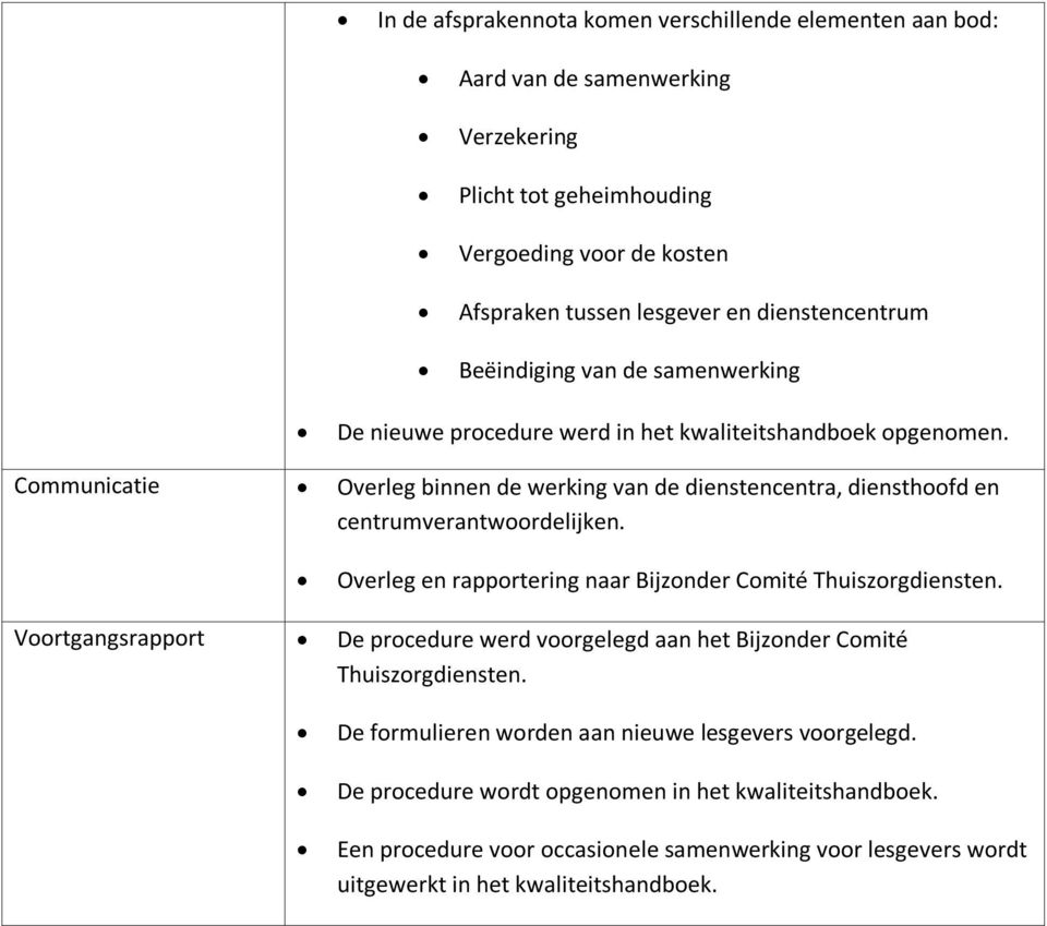 Communicatie Overleg binnen de werking van de dienstencentra, diensthoofd en centrumverantwoordelijken. Overleg en rapportering naar Bijzonder Comité Thuiszorgdiensten.