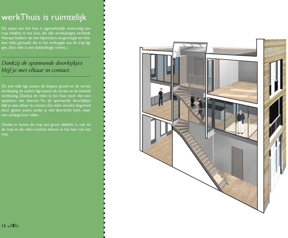 ) Dankzij de spannende doorkijkjes blijf je met elkaar in contact. De ene vide ligt tussen de begane grond en de eerste verdieping; de andere ligt tussen de eerste en de tweede verdieping.