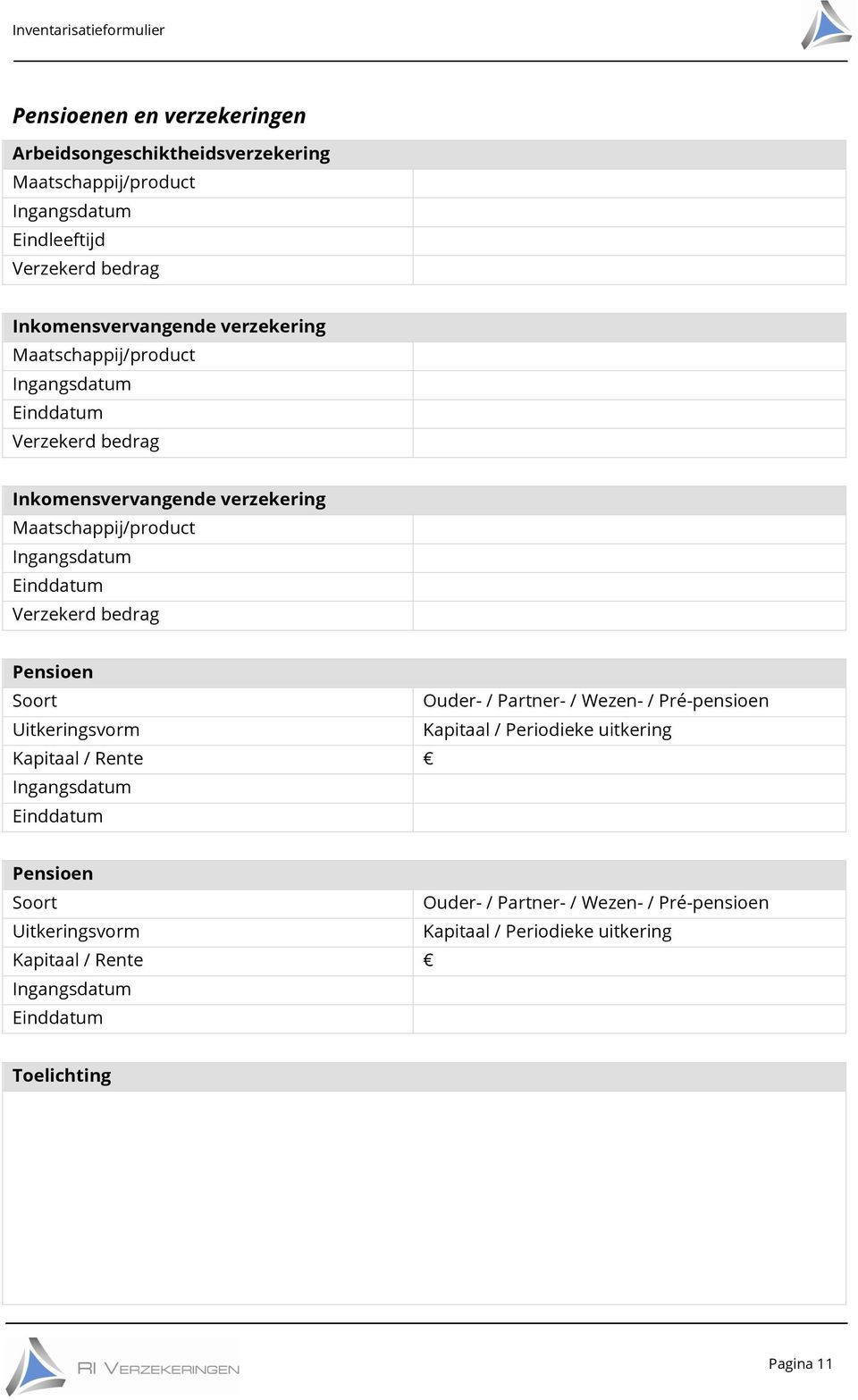 Verzekerd bedrag Pensioen Ouder- / Partner- / Wezen- / Pré-pensioen Uitkeringsvorm Kapitaal / Periodieke uitkering Kapitaal / Rente Ingangsdatum