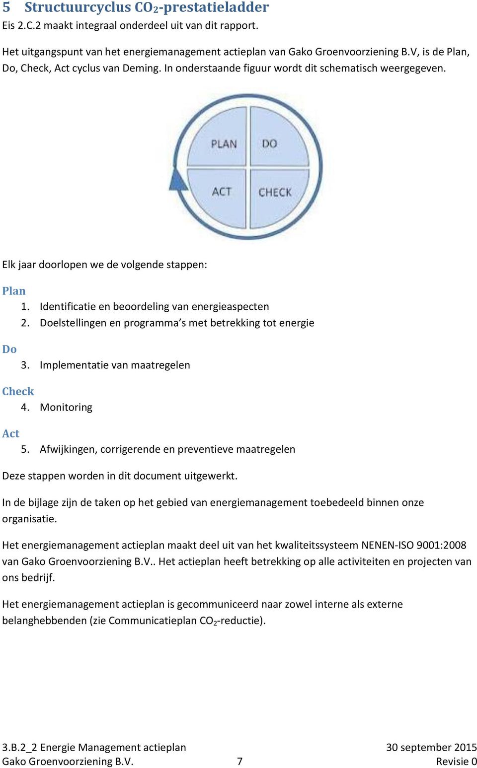 Identificatie en beoordeling van energieaspecten 2. Doelstellingen en programma s met betrekking tot energie Do 3. Implementatie van maatregelen Check 4. Monitoring Act 5.