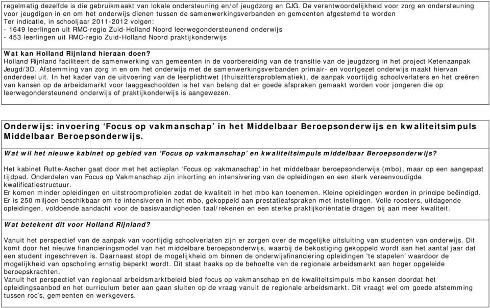 2011-2012 volgen: - 1649 leerlingen uit RMC-regio Zuid-Holland Noord leerwegondersteunend onderwijs - 453 leerlingen uit RMC-regio Zuid-Holland Noord praktijkonderwijs Holland Rijnland faciliteert de