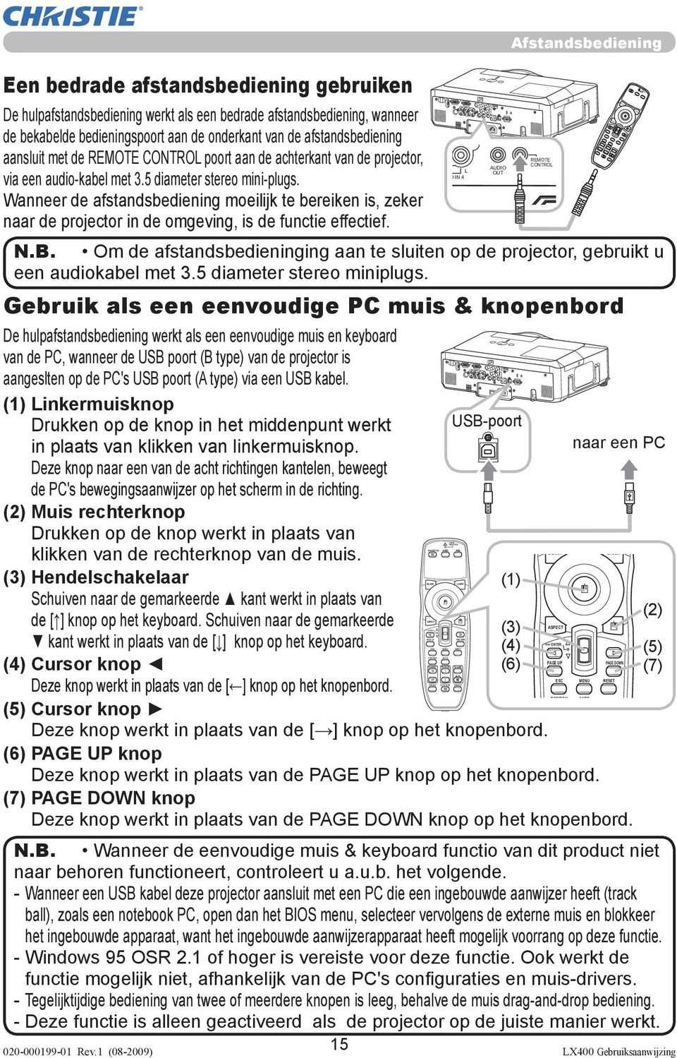 afstandsbediening aansluit met de REMOTE CONTROL poort aan de achterkant van de projector, via een audio-kabel met 3.5 diameter stereo mini-plugs.