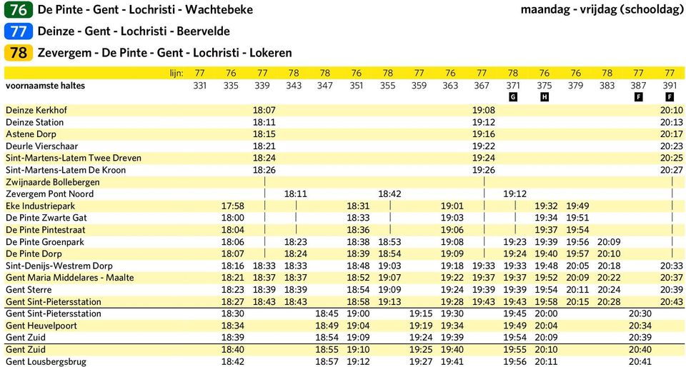 20:17 Deurle Vierschaar 18:21 19:22 20:23 Sint-Martens-Latem Twee Dreven 18:24 19:24 20:25 Sint-Martens-Latem De Kroon 18:26 19:26 20:27 Zwijnaarde Bollebergen Zevergem Pont Noord 18:11 18:42 19:12