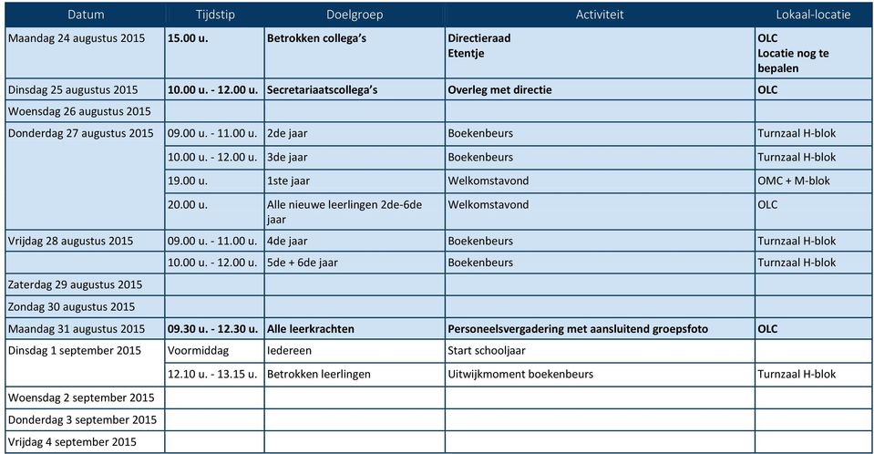 00 u. - 11.00 u. 4de jaar Boekenbeurs Turnzaal H-blok Zaterdag 29 augustus 2015 Zondag 30 augustus 2015 10.00 u. - 12.00 u. 5de + 6de jaar Boekenbeurs Turnzaal H-blok Maandag 31 augustus 2015 09.30 u.