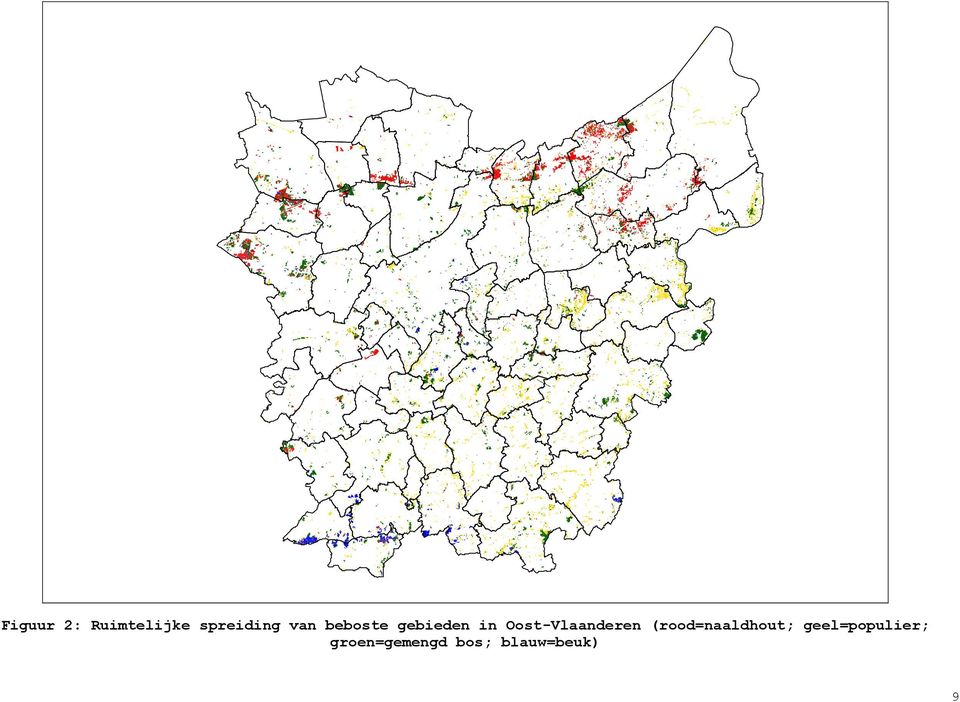 Oost-Vlaanderen (rood=naaldhout;