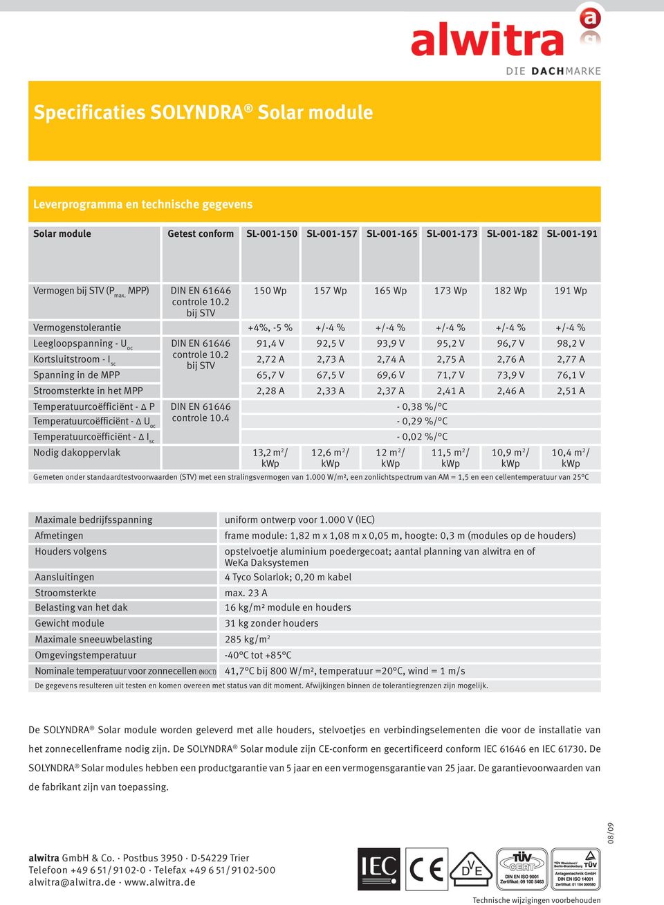 2 bij STV Vermogenstolerantie +4%, -5 % +/-4 % +/-4 % +/-4 % +/-4 % +/-4 % Leegloopspanning - U oc DIN EN 61646 91,4 V 92,5 V 93,9 V 95,2 V 96,7 V 98,2 V Kortsluitstroom - I controle 10.