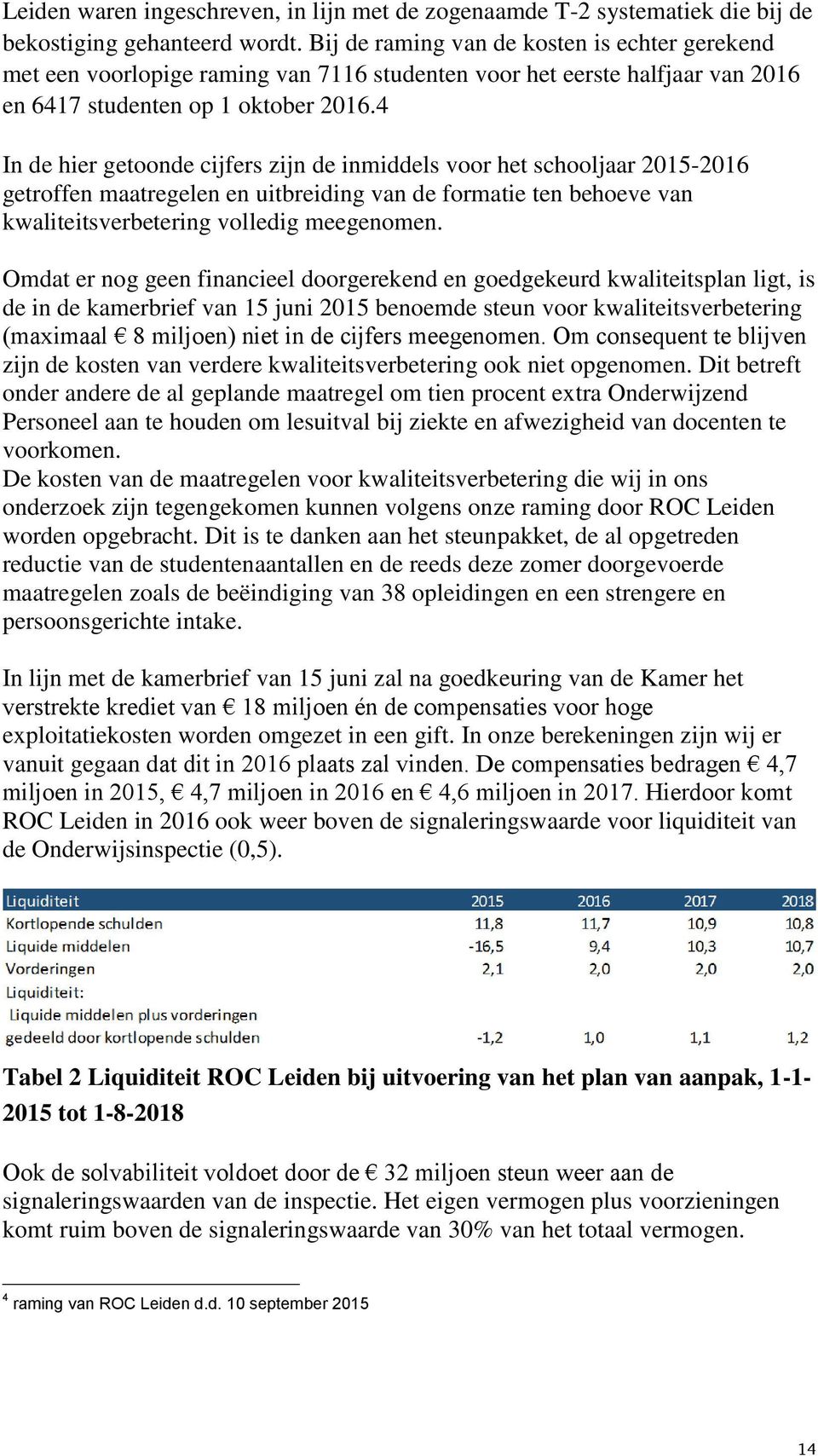 4 In de hier getoonde cijfers zijn de inmiddels voor het schooljaar 2015-2016 getroffen maatregelen en uitbreiding van de formatie ten behoeve van kwaliteitsverbetering volledig meegenomen.