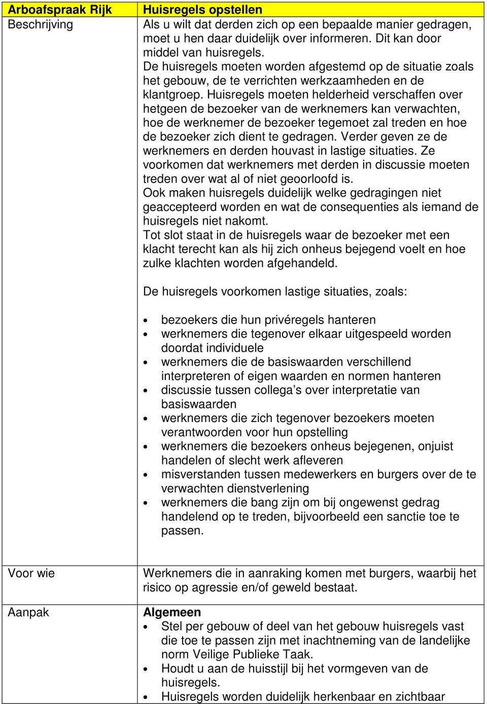 Huisregels moeten helderheid verschaffen over hetgeen de bezoeker van de werknemers kan verwachten, hoe de werknemer de bezoeker tegemoet zal treden en hoe de bezoeker zich dient te gedragen.