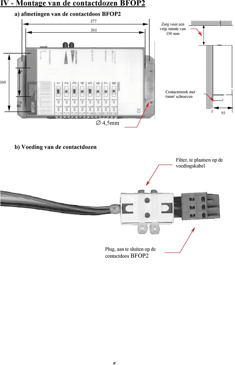 met 6mm² schroeven 80 93 4,5mm b) Voeding van de contactdozen Filter, te
