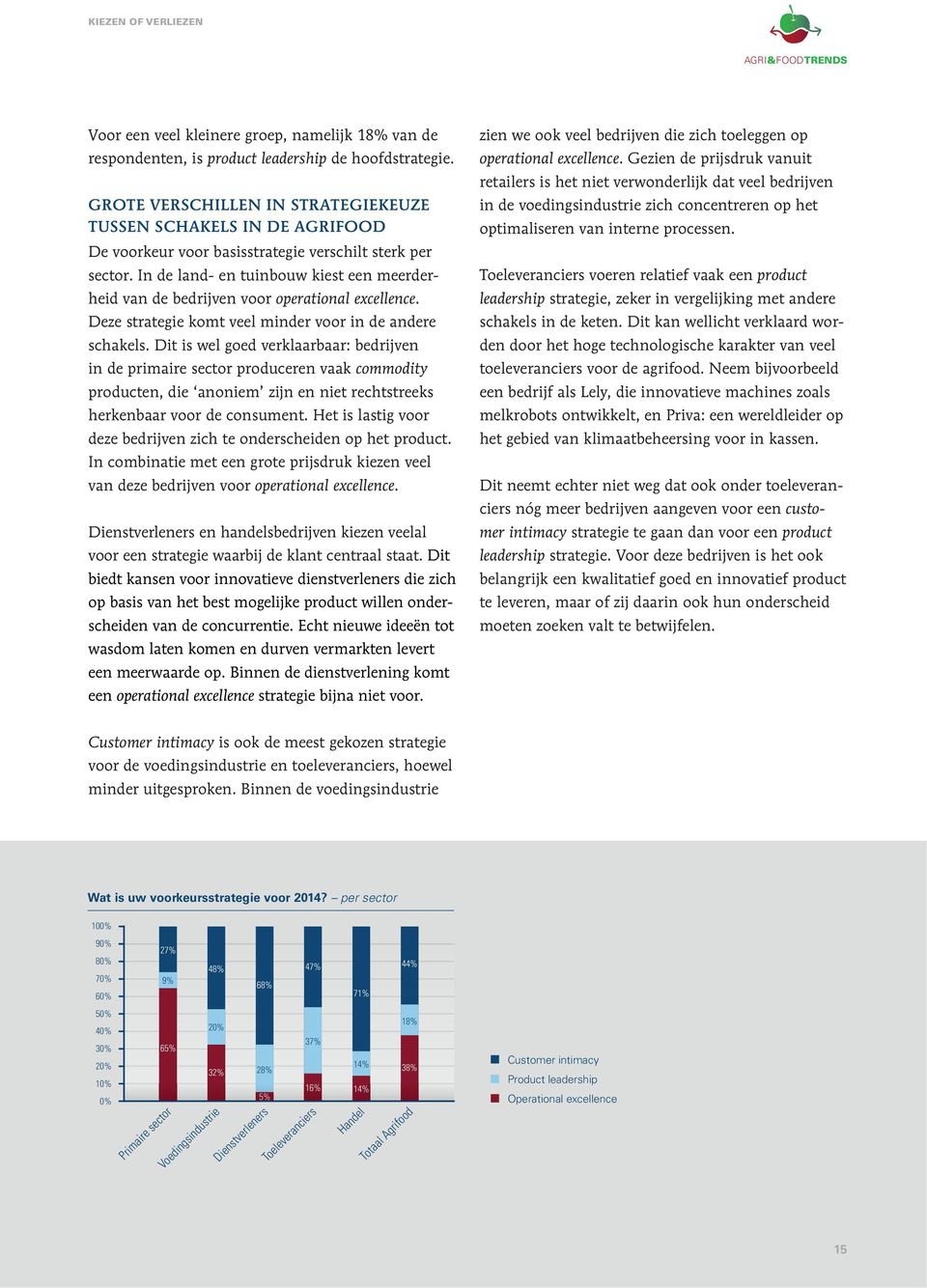 In de land- en tuinbouw kiest een meerderheid van de bedrijven voor operational excellence. Deze strategie komt veel minder voor in de andere schakels.