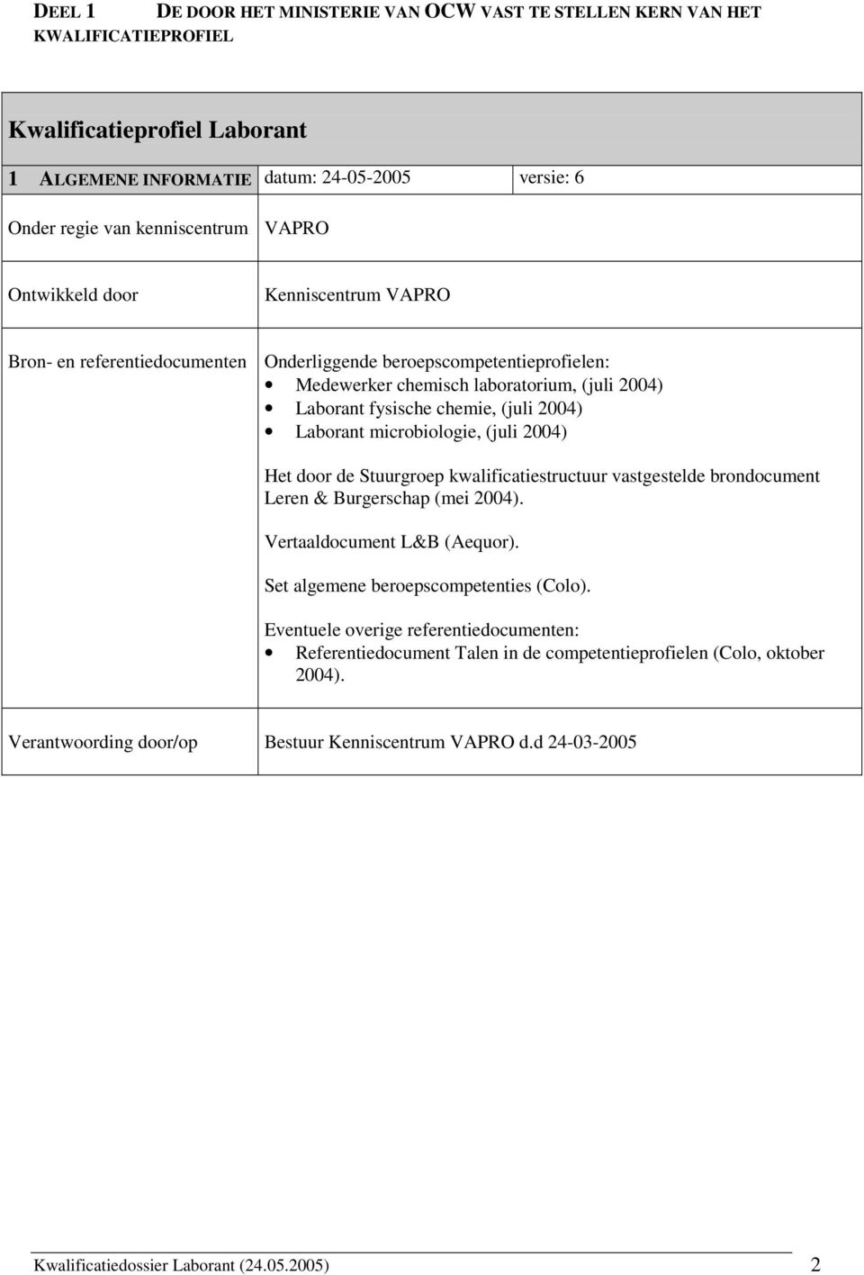 Laborant microbiologie, (juli 2004) Het door de Stuurgroep kwalificatiestructuur vastgestelde brondocument Leren & Burgerschap (mei 2004). Vertaaldocument L&B (Aequor).