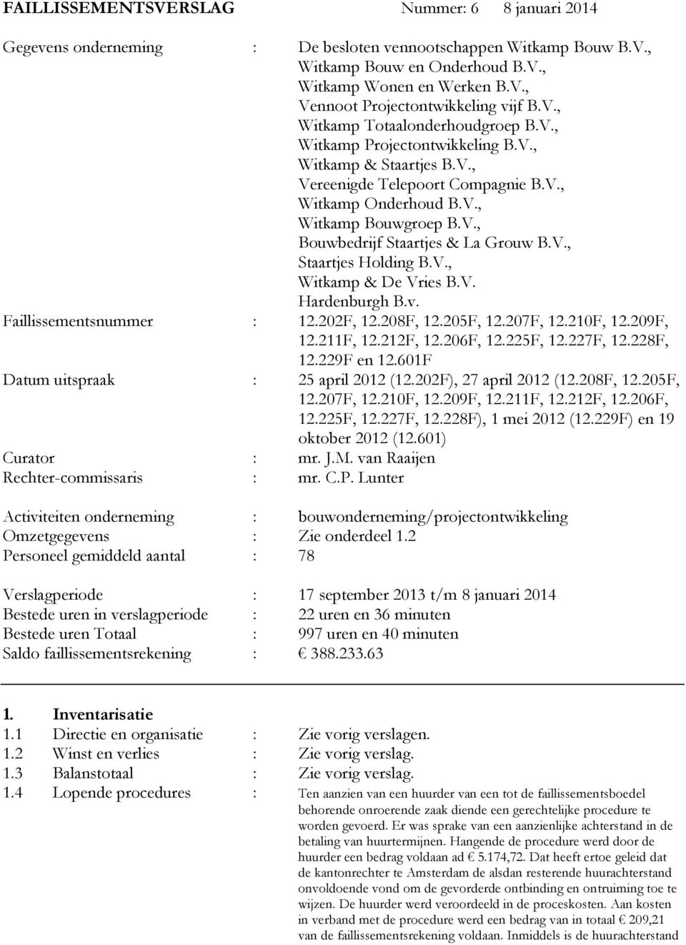 V., Staartjes Holding B.V., Witkamp & De Vries B.V. Hardenburgh B.v. Faillissementsnummer : 12.202F, 12.208F, 12.205F, 12.207F, 12.210F, 12.209F, 12.211F, 12.212F, 12.206F, 12.225F, 12.227F, 12.