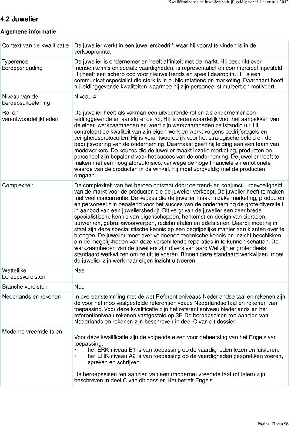 vereisten Nederlands en rekenen Moderne vreemde talen De juwelier werkt in een juweliersbedrijf; waar hij vooral te vinden is in de verkoopruimte.