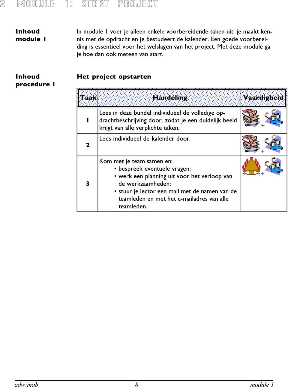 Inhoud module 1 Inhoud procedure 1 Het project opstarten Taak 1 2 3 Handeling Lees in deze bundel individueel de volledige opdrachtbeschrijving door, zodat je een duidelijk beeld krijgt van