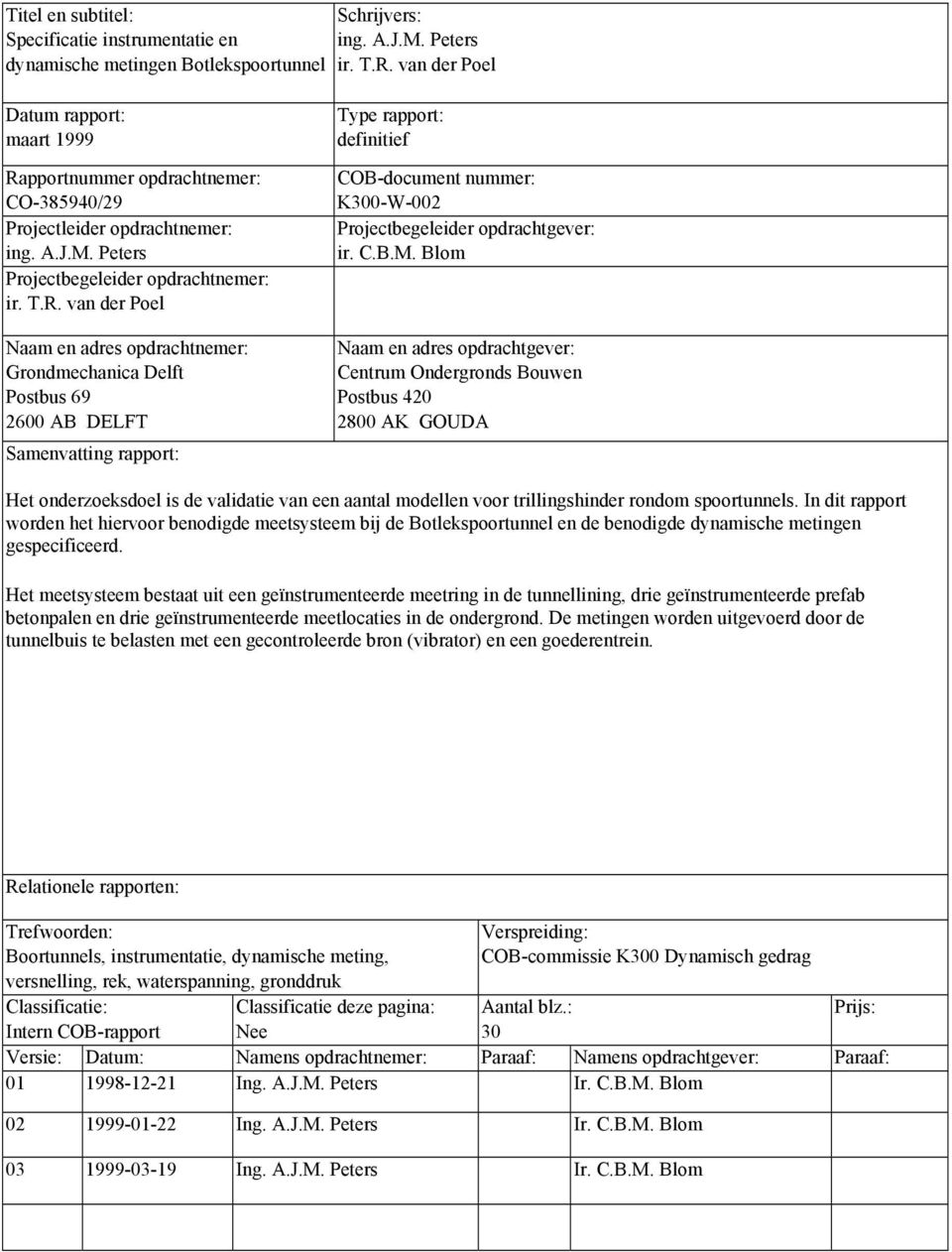 pportnummer opdrachtnemer: CO-385940/29 Projectleider opdrachtnemer: ing. A.J.M. Peters Projectbegeleider opdrachtnemer: ir. T.R.