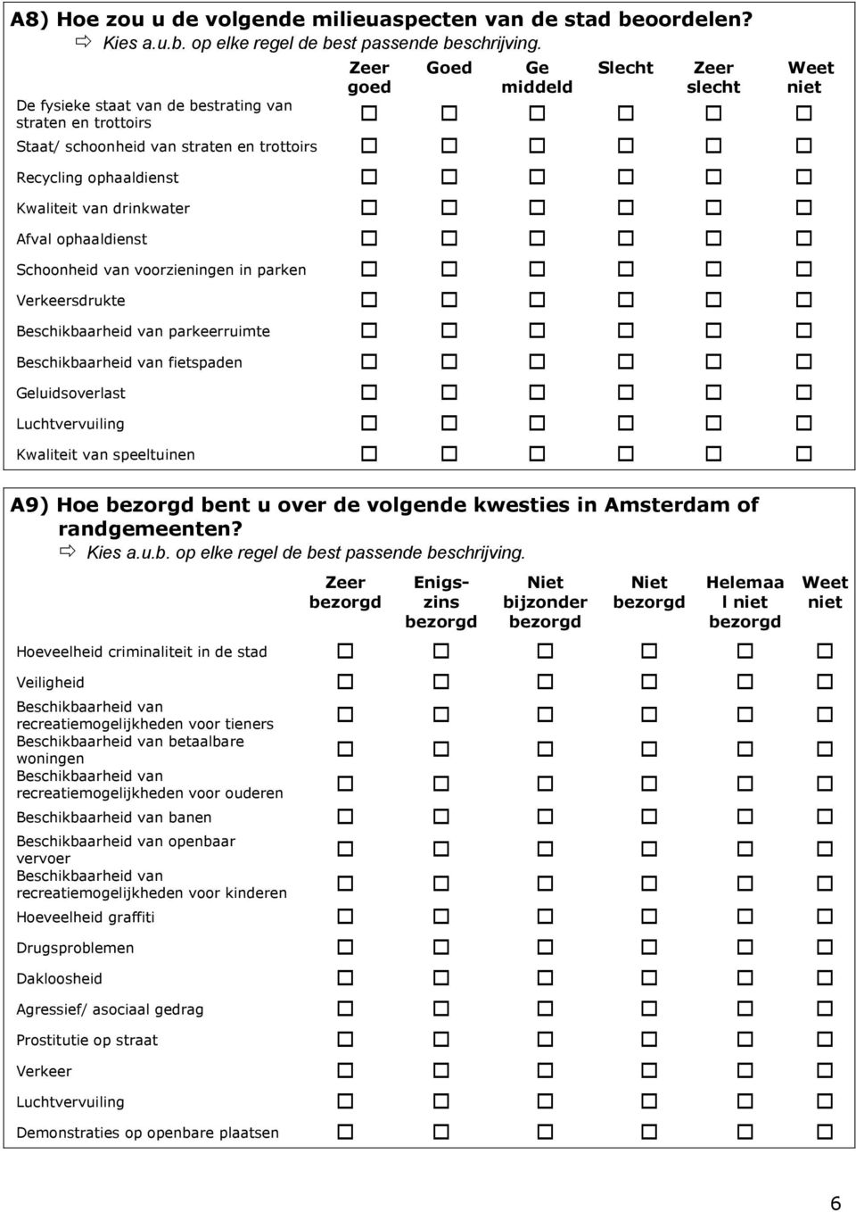 ophaaldienst Schoonheid van voorzieningen in parken Verkeersdrukte Beschikbaarheid van parkeerruimte Beschikbaarheid van fietspaden Geluidsoverlast Luchtvervuiling Kwaliteit van speeltuinen A9) Hoe