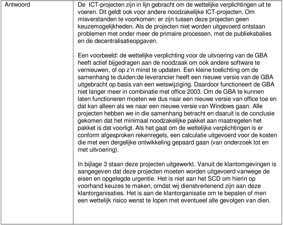 Als de projecten niet worden uitgevoerd ontstaan problemen met onder meer de primaire processen, met de publieksbalies en de decentralisatieopgaven.