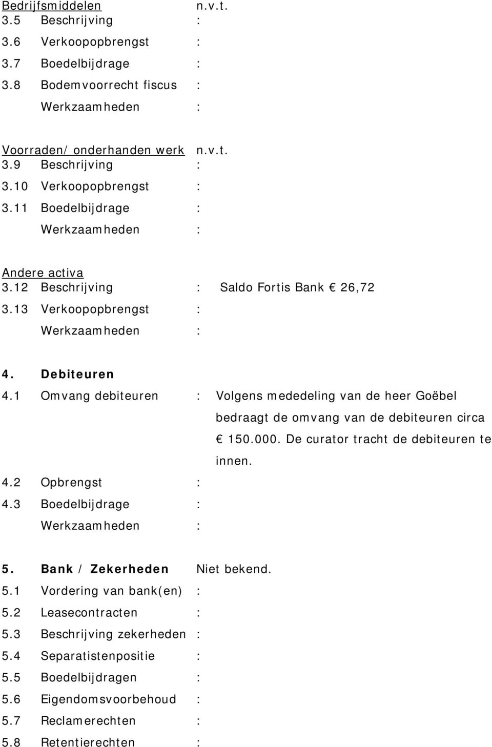 1 Omvang debiteuren : Volgens mededeling van de heer Goëbel bedraagt de omvang van de debiteuren circa 150.000. De curator tracht de debiteuren te innen. 4.2 Opbrengst : 4.