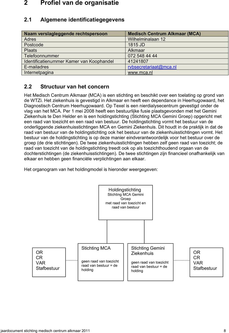 Identificatienummer Kamer van Koophandel 41241807 E-mailadres rvbsecretariaat@mca.nl Internetpagina www.mca.nl 2.