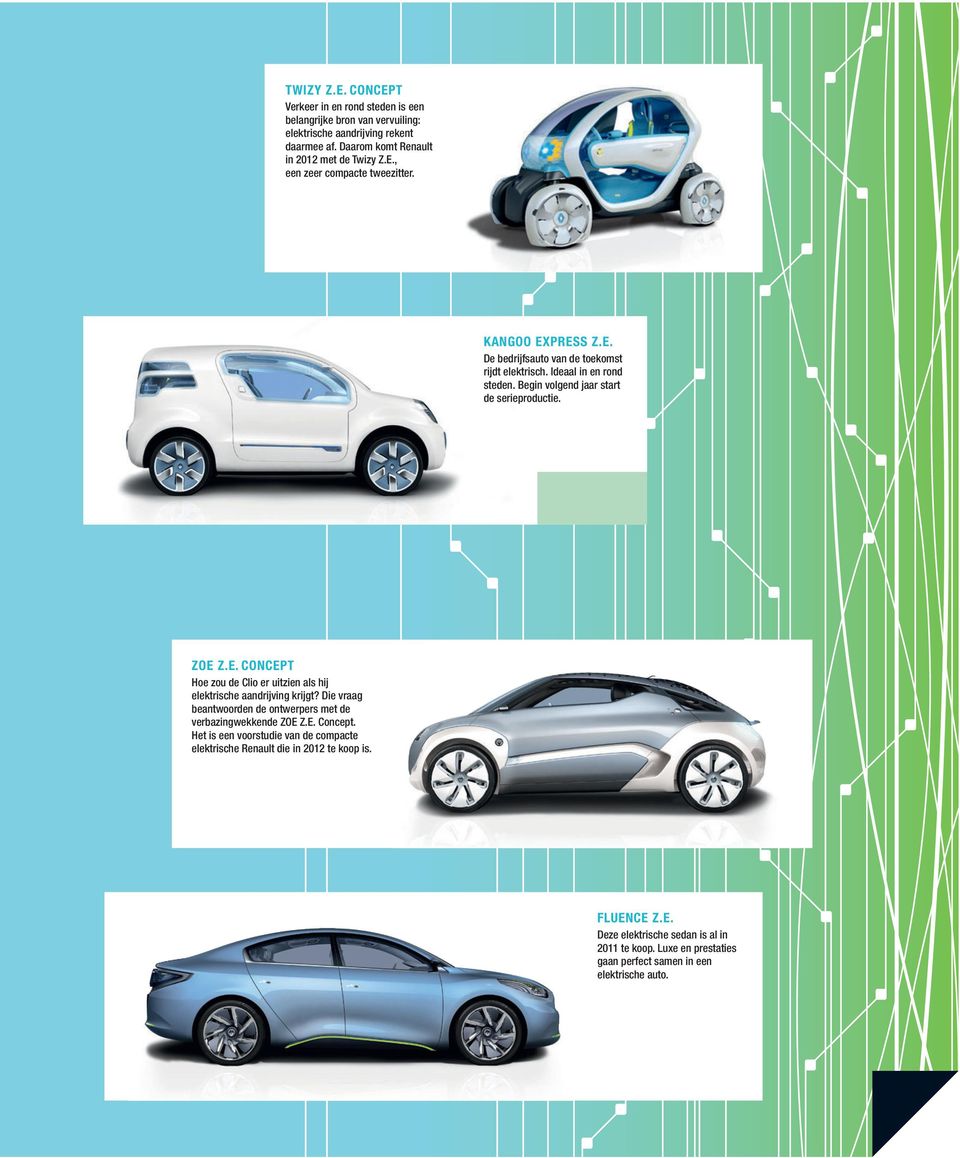 Die vraag beantwoorden de ontwerpers met de verbazingwekkende ZOE Z.E. Concept. Het is een voorstudie van de compacte elektrische Renault die in 2012 te koop is. FLuENCE Z.E. Deze elektrische sedan is al in 2011 te koop.