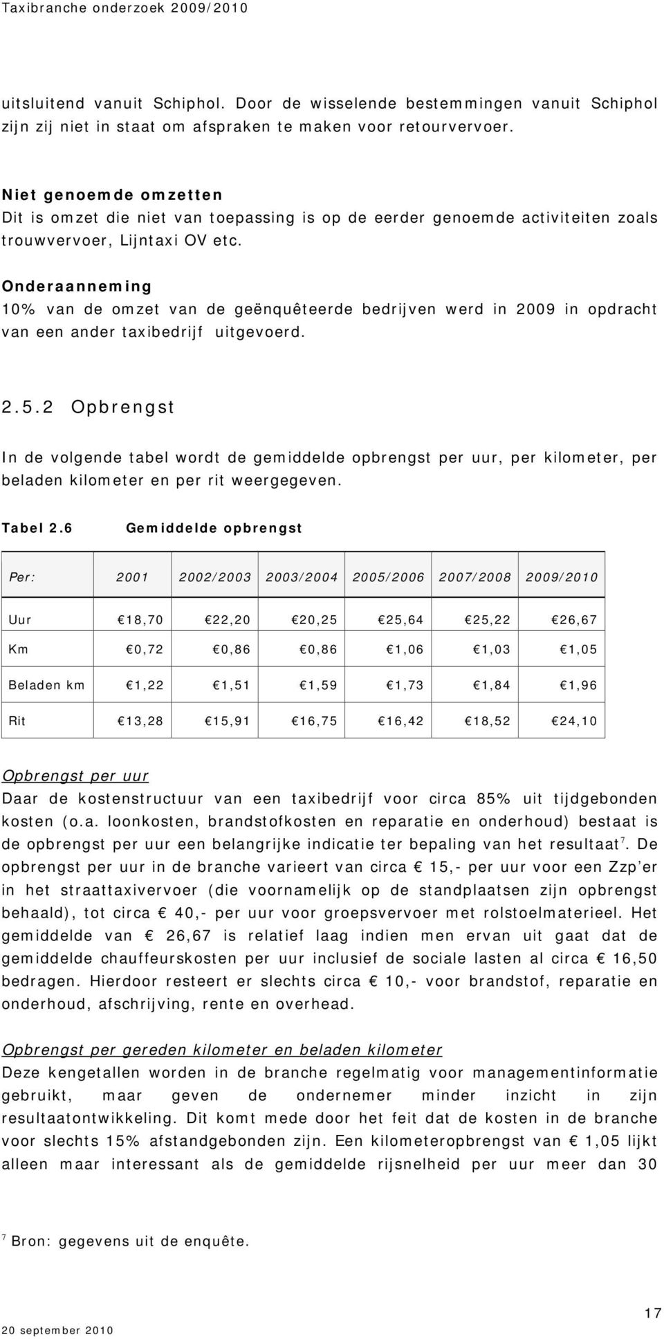 Onderaanneming 10% van de omzet van de geënquêteerde bedrijven werd in 2009 in opdracht van een ander taxibedrijf uitgevoerd. 2.5.