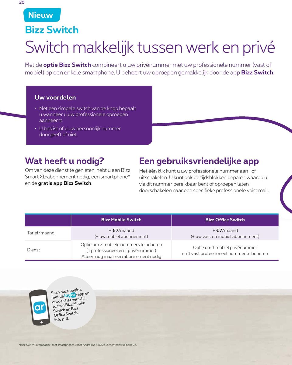 U beslist of u uw persoonlijk nummer doorgeeft of niet. Wat heeft u nodig? Om van deze dienst te genieten, hebt u een Bizz Smart XL-abonnement nodig, een smartphone* en de gratis app Bizz Switch.