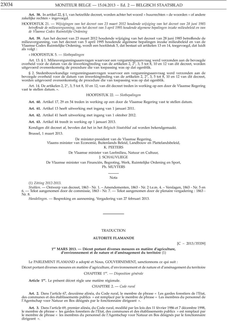 Wijzigingen van het decreet van 23 maart 2012 houdende wijziging van het decreet van 28 juni 1985 betreffende de milieuvergunning, van het decreet van 5 april 1995 houdende algemene bepalingen inzake