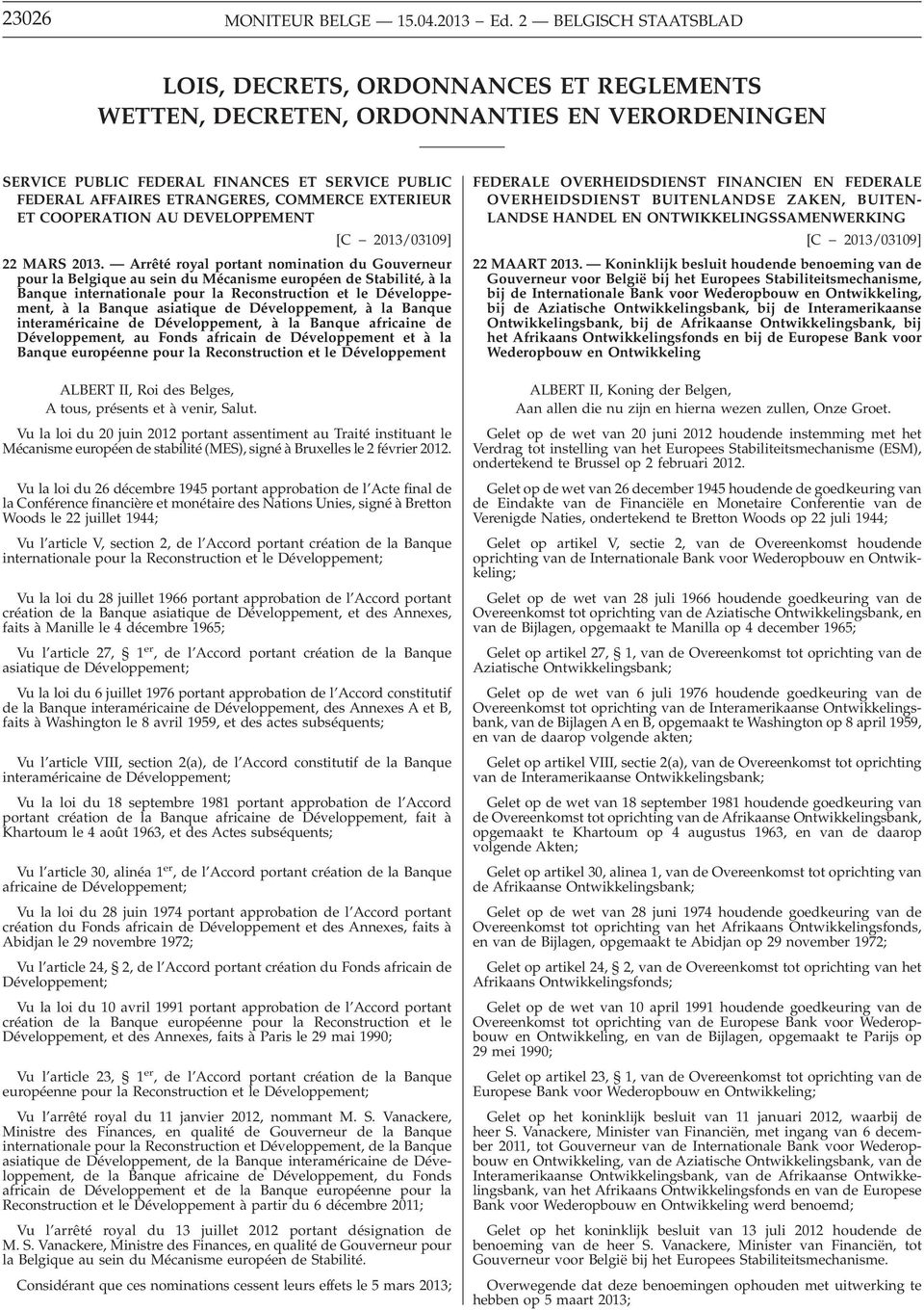 EXTERIEUR ET COOPERATION AU DEVELOPPEMENT [C 2013/03109] 22 MARS 2013.