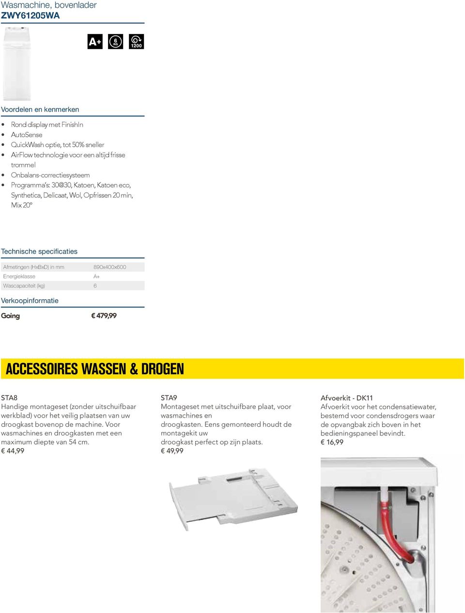 montageset (zonder uitschuifbaar werkblad) voor het veilig plaatsen van uw droogkast bovenop de machine. Voor wasmachines en droogkasten met een maximum diepte van 54 cm.