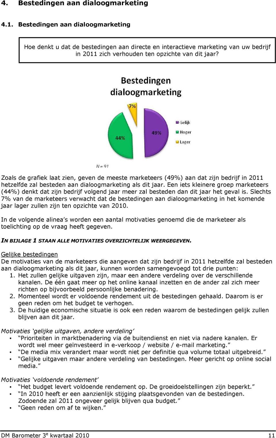 Zoals de grafiek laat zien, geven de meeste marketeers (49%) aan dat zijn bedrijf in 2011 hetzelfde zal besteden aan dialoogmarketing als dit jaar.