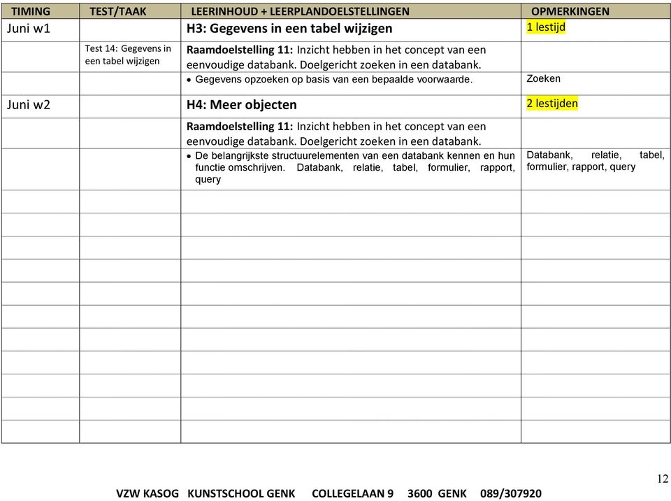 Zoeken Juni w2 H4: Meer objecten 2 lestijden Raamdoelstelling 11: Inzicht hebben in het concept van een eenvoudige databank.