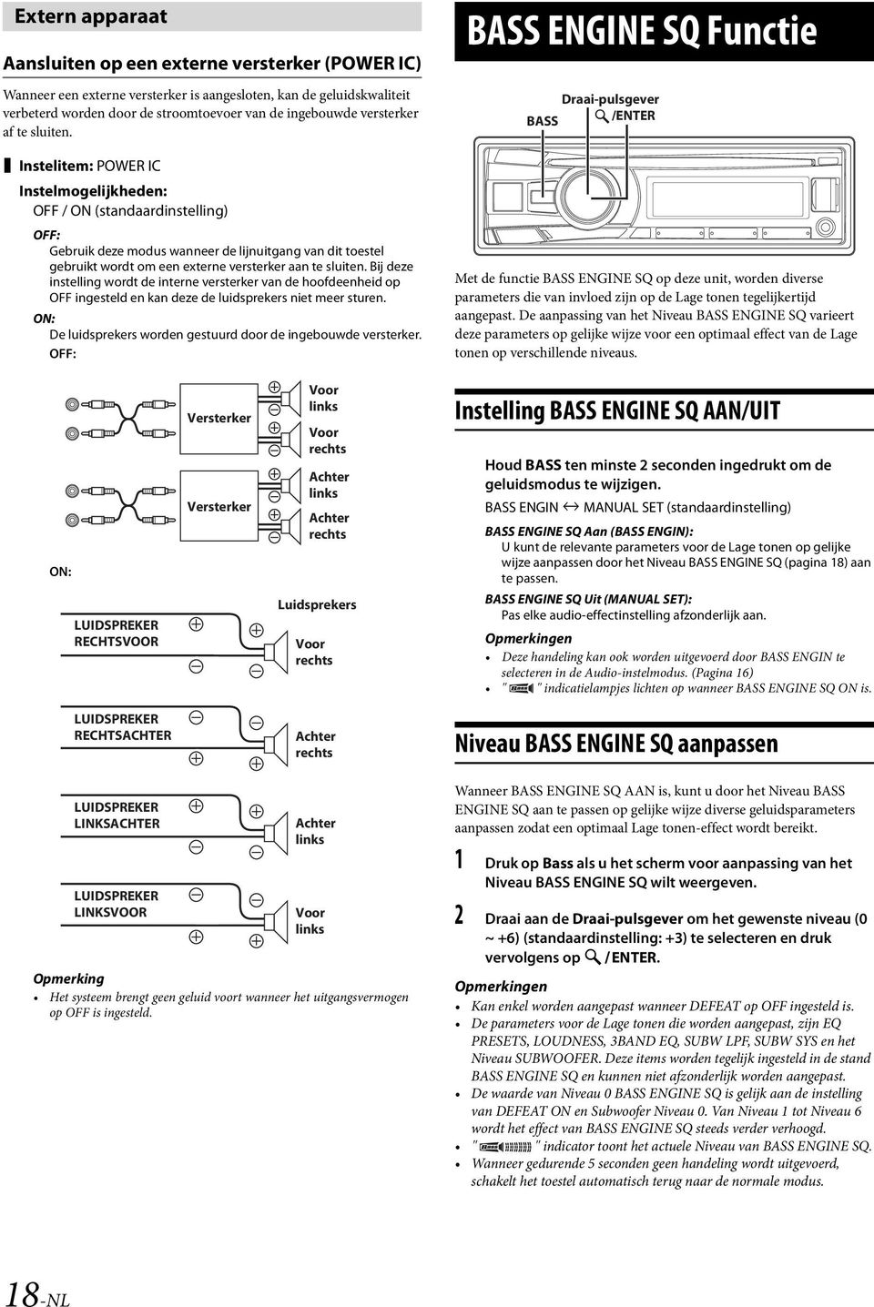 Instelitem: POWER IC Instelmogelijkheden: OFF / ON (standaardinstelling) OFF: Gebruik deze modus wanneer de lijnuitgang van dit toestel gebruikt wordt om een externe versterker aan te sluiten.