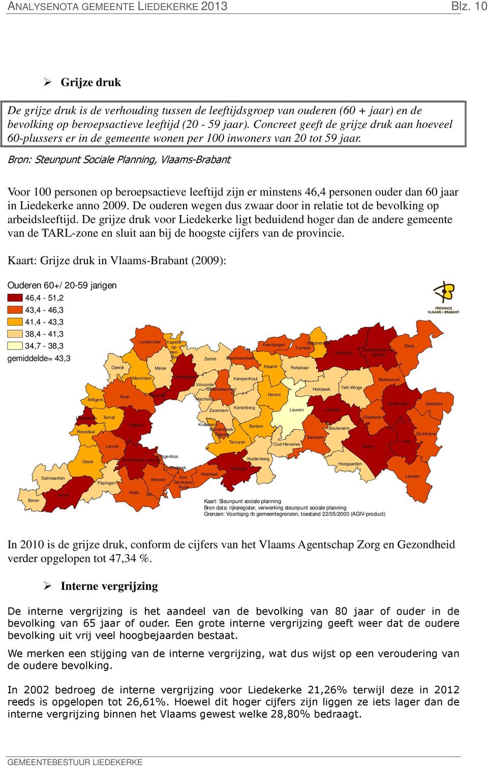 Bron: Steunpunt Sociale Planning, Vlaams-Brabant Voor 100 personen op beroepsactieve leeftijd zijn er minstens 46,4 personen ouder dan 60 jaar in Liedekerke anno 2009.