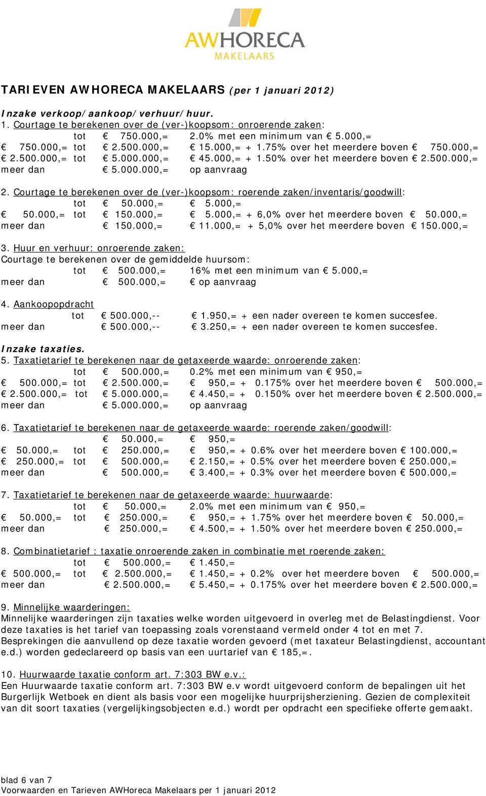 Courtage te berekenen over de (ver-)koopsom: roerende zaken/inventaris/goodwill: tot 50.000,= 5.000,= 50.000,= tot 150.000,= 5.000,= + 6,0% over het meerdere boven 50.000,= meer dan 150.000,= 11.