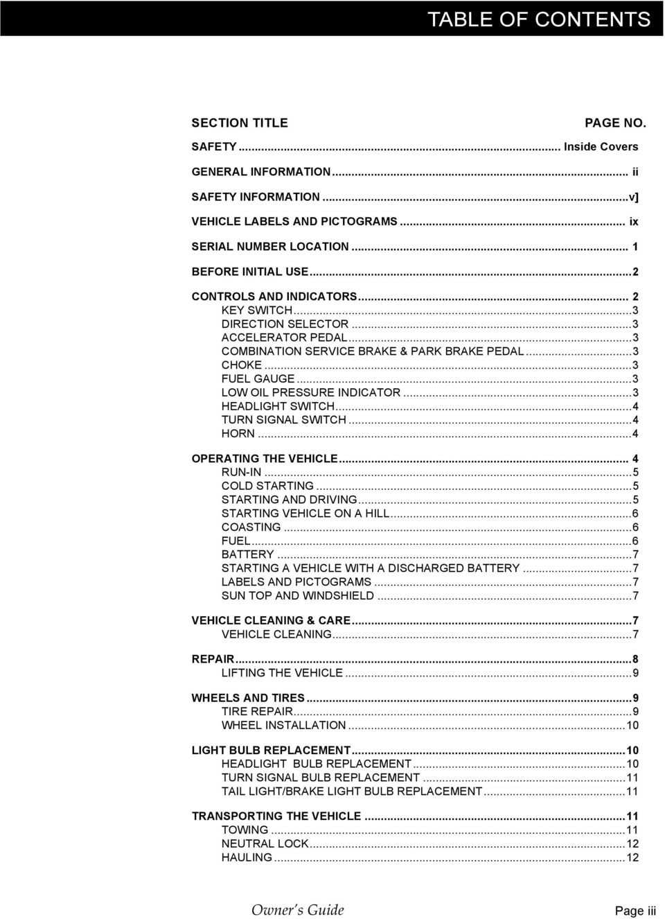 ..3 HEADLIGHT SWITCH...4 TURN SIGNAL SWITCH...4 HORN...4 OPERATING THE VEHICLE... 4 RUN-IN...5 COLD STARTING...5 STARTING AND DRIVING...5 STARTING VEHICLE ON A HILL...6 COASTING...6 FUEL...6 ATTERY.