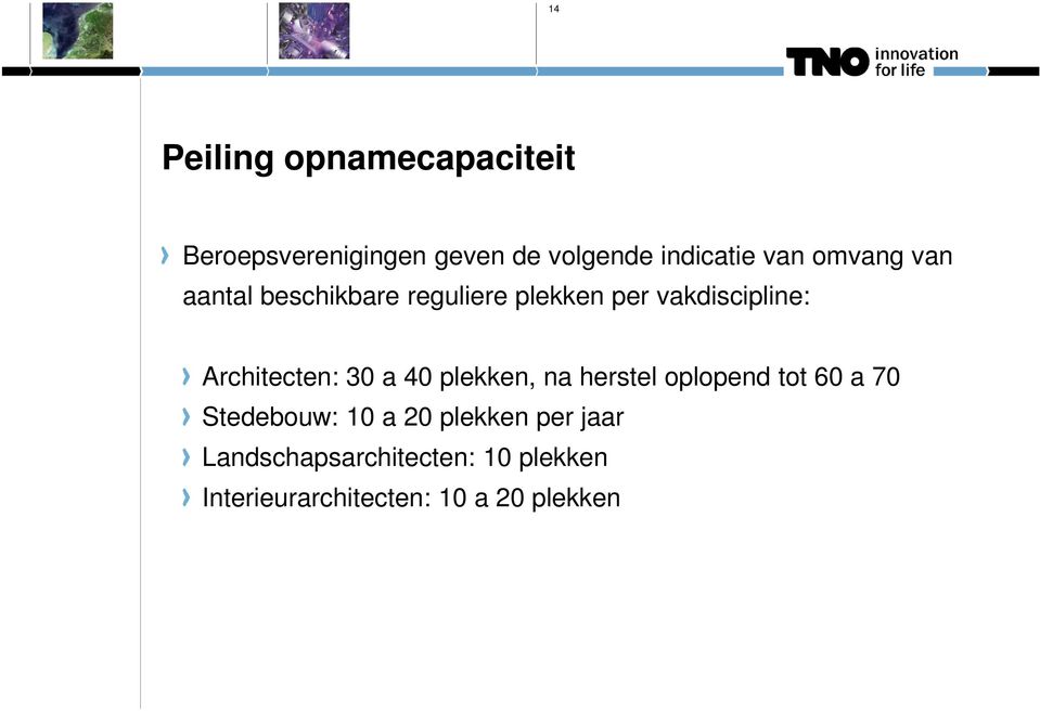 Architecten: 30 a 40 plekken, na herstel oplopend tot 60 a 70 Stedebouw: 10 a