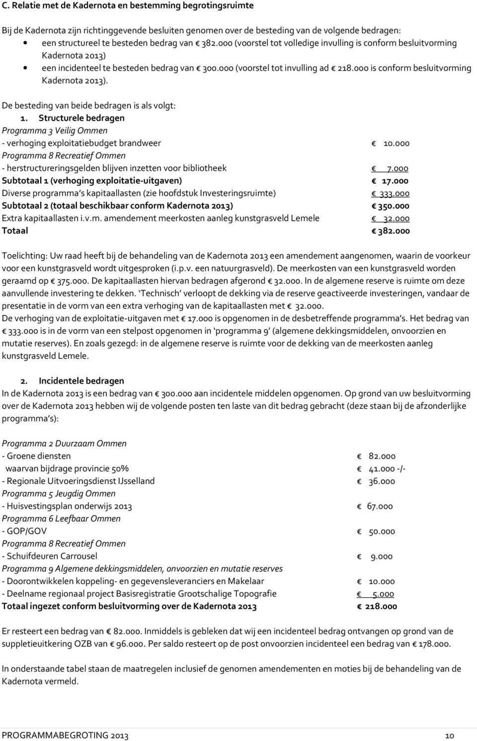 000 is conform besluitvorming Kadernota 2013). De besteding van beide bedragen is als volgt: 1. Structurele bedragen Programma 3 Veilig Ommen - verhoging exploitatiebudget brandweer 10.