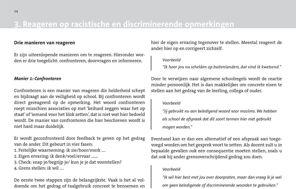 Manier 1: Confronteren Confronteren is een manier van reageren die helderheid schept en bijdraagt aan de veiligheid op school. Bij confronteren wordt direct gereageerd op de opmerking.