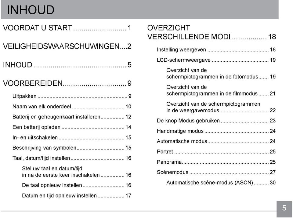 .. 16 Datum en tijd opnieuw instellen... 17 OVERZICHT VERSCHILLENDE MODI...18 Instelling weergeven... 18 LCD-schermweergave... 19 Overzicht van de schermpictogrammen in de fotomodus.