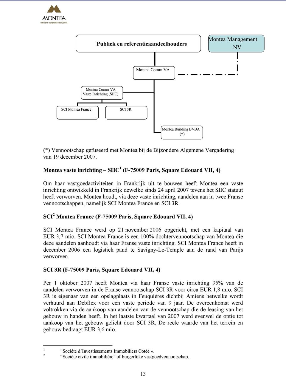 Montea vaste inrichting SIIC 1 (F-75009 Paris, Square Edouard VII, 4) Om haar vastgoedactiviteiten in Frankrijk uit te bouwen heeft Montea een vaste inrichting ontwikkeld in Frankrijk dewelke sinds