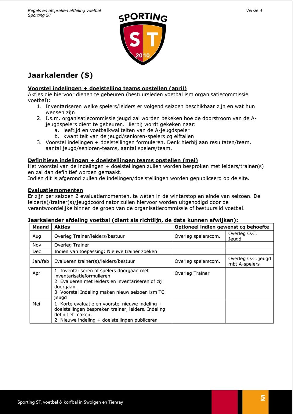 organisatiecommissie jeugd zal worden bekeken hoe de doorstroom van de A- jeugdspelers dient te gebeuren. Hierbij wordt gekeken naar: a. leeftijd en voetbalkwaliteiten van de A-jeugdspeler b.