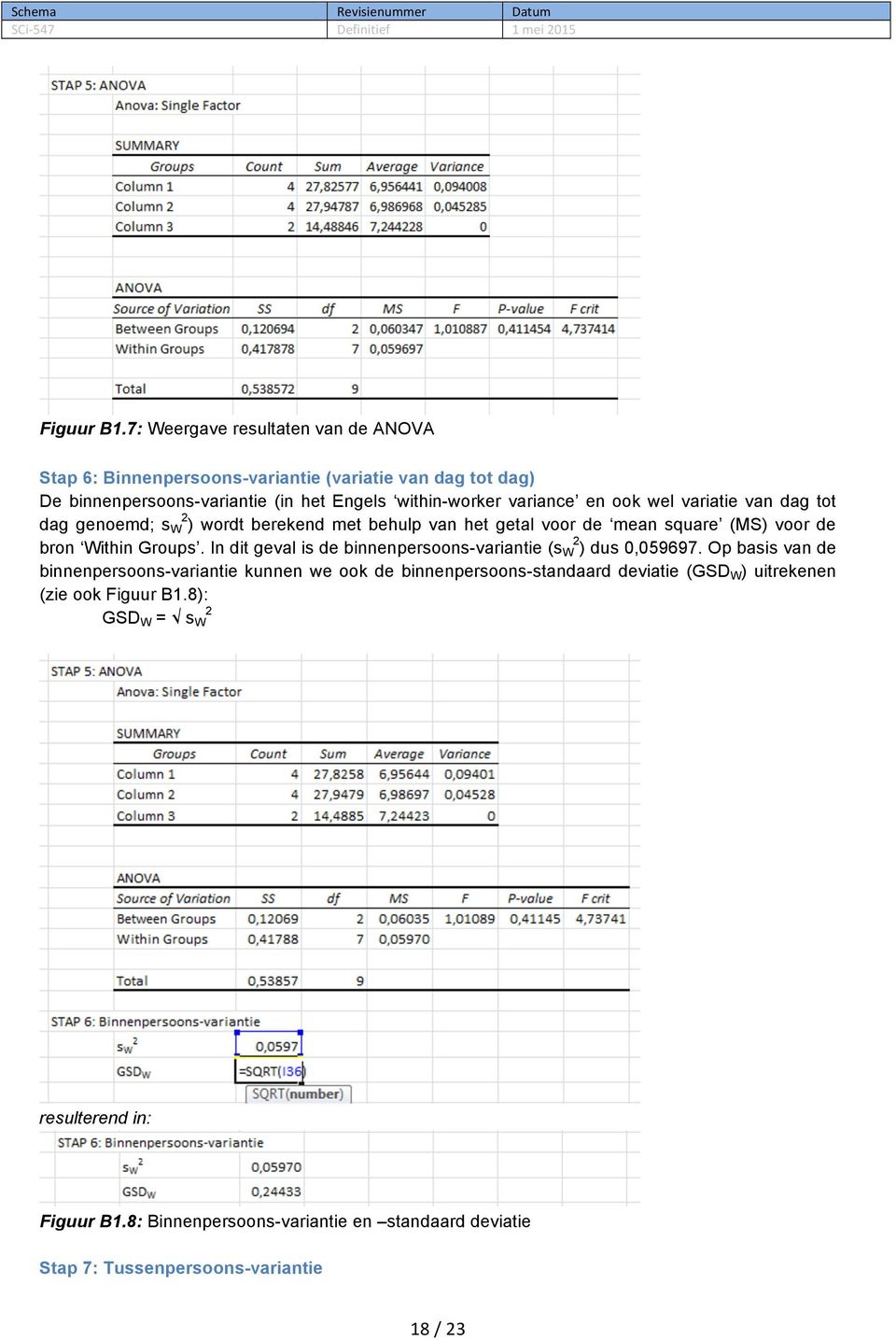 en ook wel variatie van dag tot dag genoemd; s W 2 ) wordt berekend met behulp van het getal voor de mean square (MS) voor de bron Within Groups.