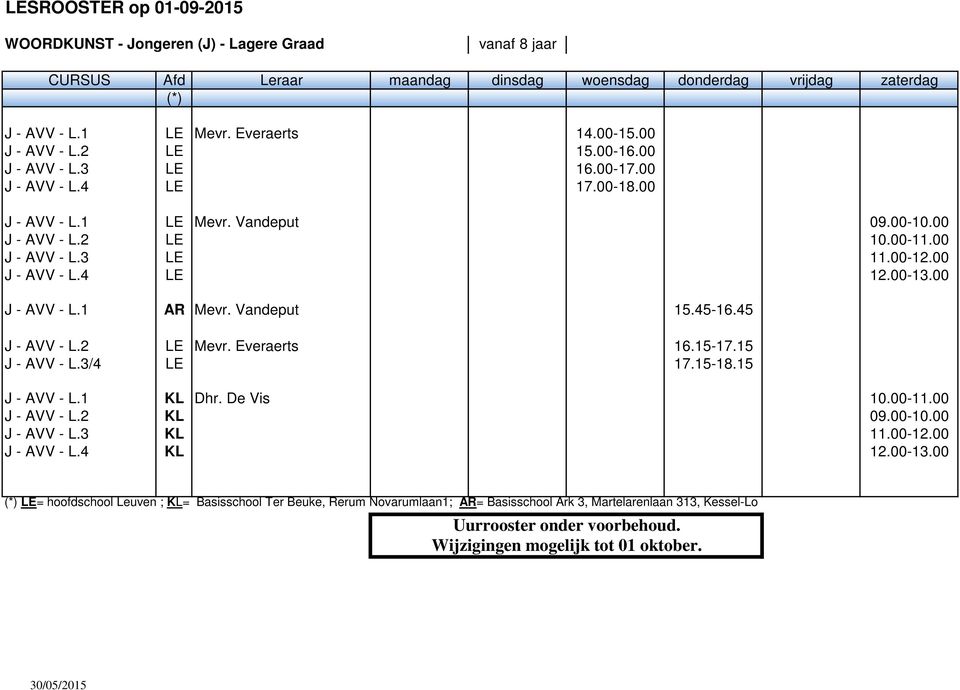 Vandeput 15.45-16.45 J - AVV - L.2 LE Mevr. Everaerts 16.15-17.15 J - AVV - L.3/4 LE 17.15-18.15 J - AVV - L.1 KL Dhr. De Vis 10.00-11.00 J - AVV - L.2 KL 09.00-10.