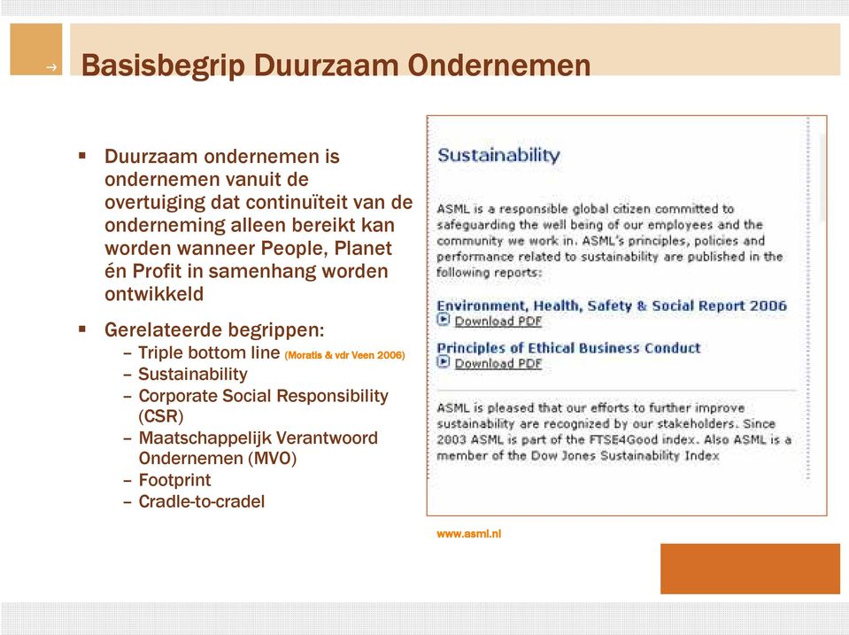 ontwikkeld Gerelateerde begrippen: Triple bottom line (Moratis & vdr Veen 2006) Sustainability Corporate