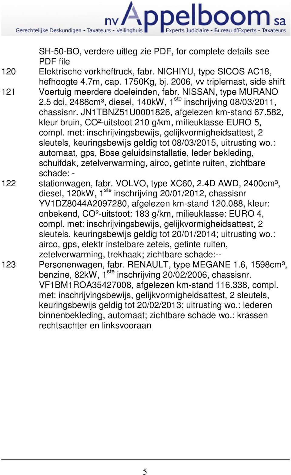 JN1TBNZ51U0001826, afgelezen km-stand 67.582, kleur bruin, CO²-uitstoot 210 g/km, milieuklasse EURO 5, compl.