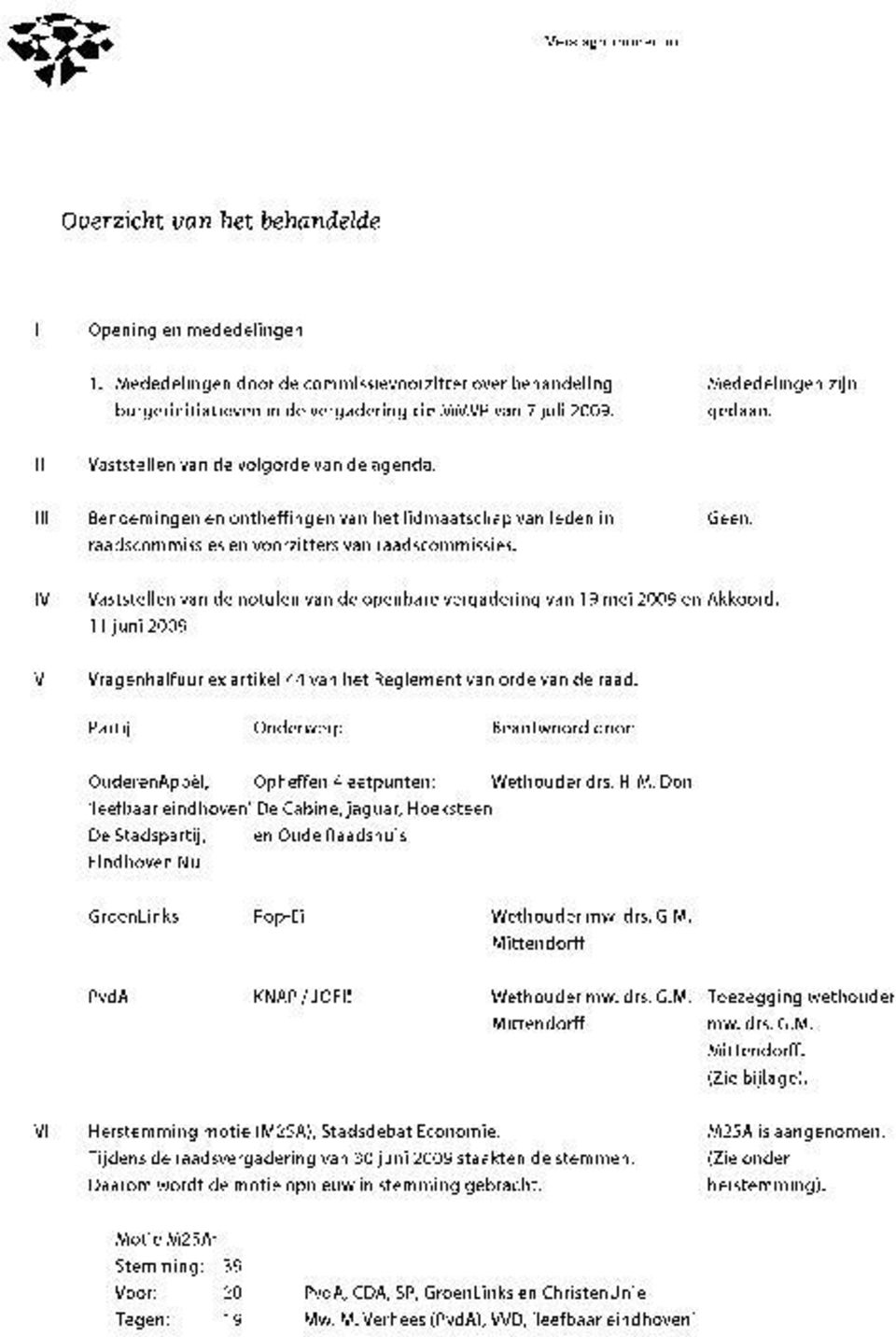 IV Vaststellen van de notulen van de openbare vergadering van 19 mei 2009 en Akkoord. 11 juni 2009. V Vragenhalfuur ex artikel 44 van het Reglement van orde van de raad.