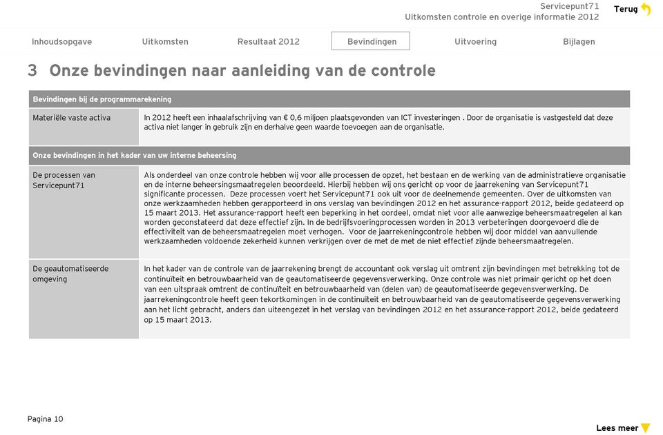 Onze bevindingen in het kader van uw interne beheersing De processen van Servicepunt71 Als onderdeel van onze controle hebben wij voor alle processen de opzet, het bestaan en de werking van de