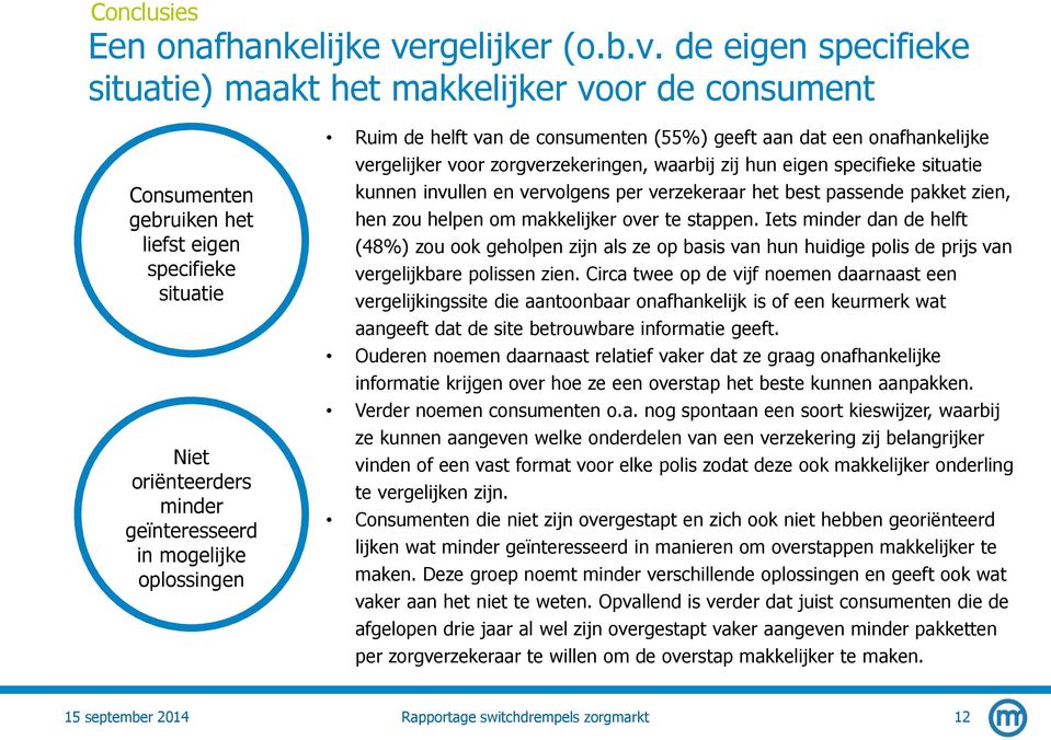 de eigen specifieke situatie) maakt het makkelijker voor de consument Consumenten gebruiken het liefst eigen specifieke situatie Niet oriënteerders minder geïnteresseerd in mogelijke oplossingen Ruim