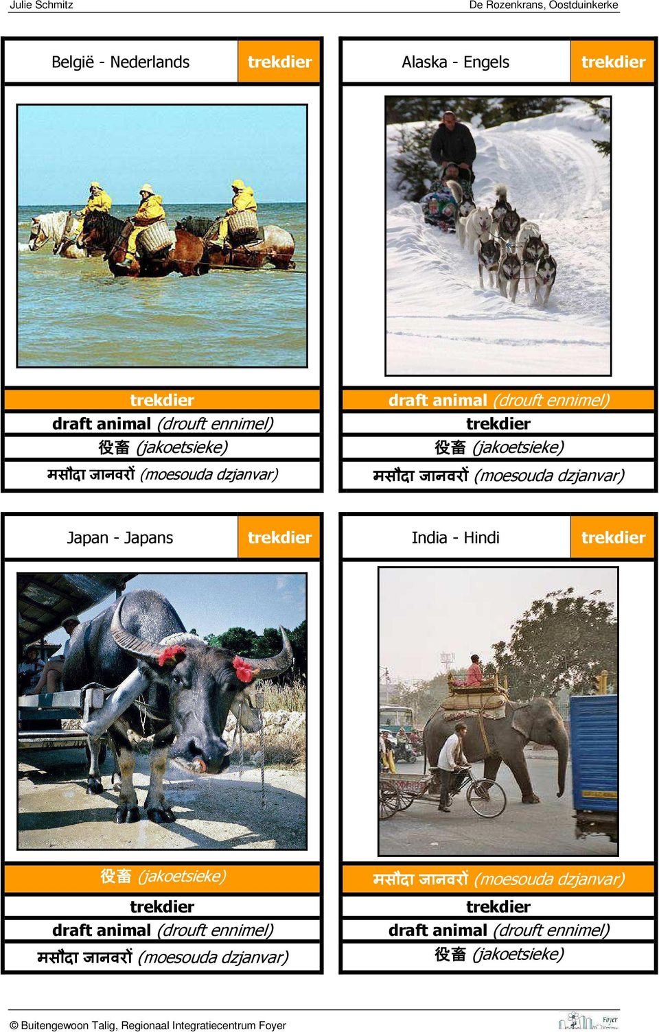 dzjanvar) Japan - Japans trekdier India - Hindi trekdier 役 畜 (jakoetsieke) trekdier draft animal (drouft